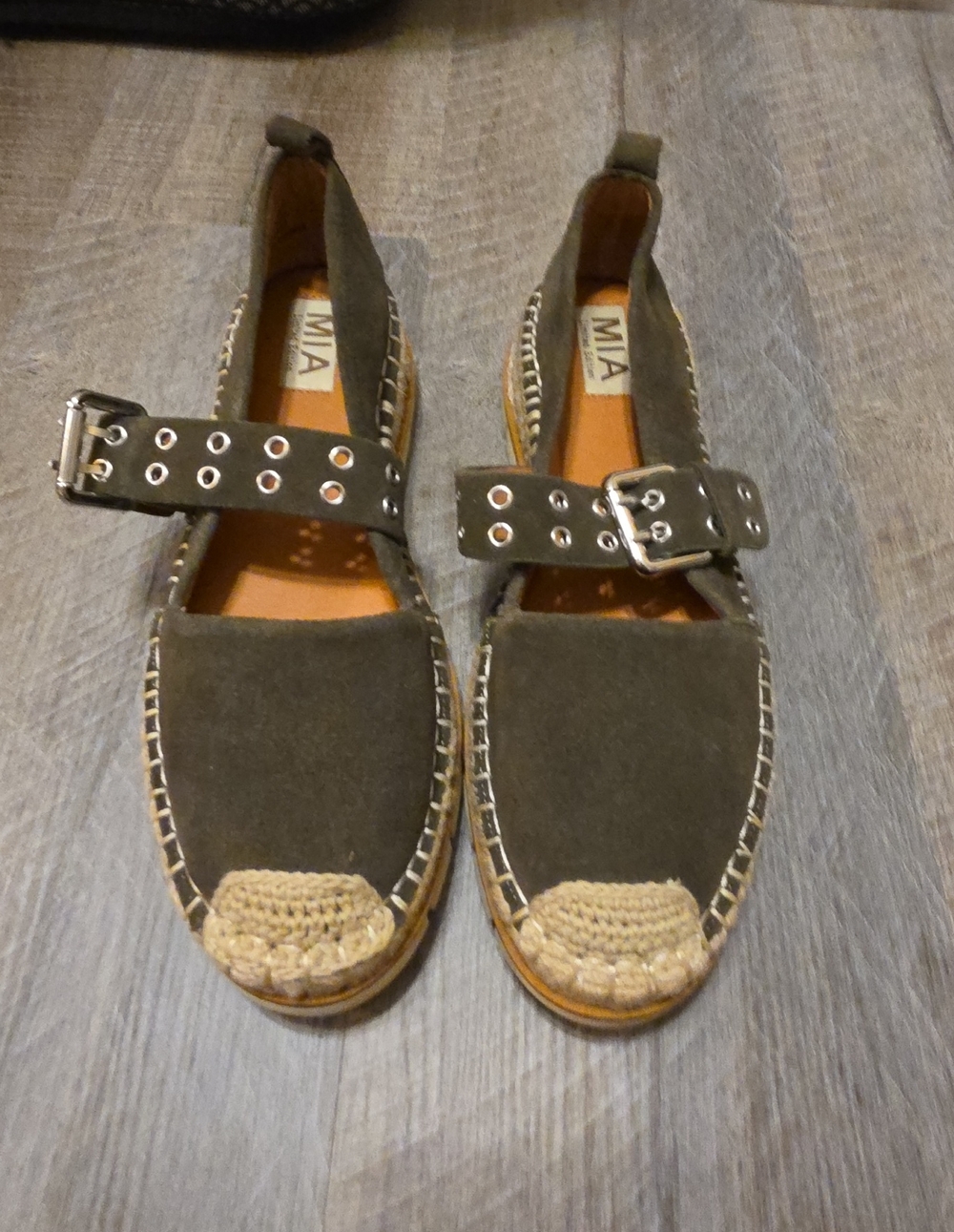 MIA Olive Green Suede Espadrille Mary Jane with Studded Buckle